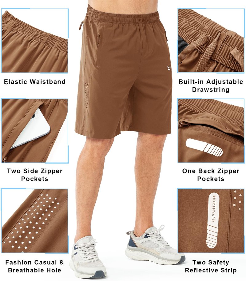 NORTHYARD Men's Athletic Running Shorts Gym Workout 7"/9"/5" Quick Dry Lightweight Sports Basketball Tennis 3 Zipper Pockets BROWN-9inch XL