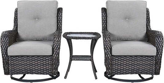 Rilyson Wicker Rocking Chair Swivel Chairs - 3 Piece Rocker Patio Furniture Set Rattan Rocking Bistro Sets with Glass Top Side Table for Outdoor Porch Deck Garden Backyard (Brown/Grey)