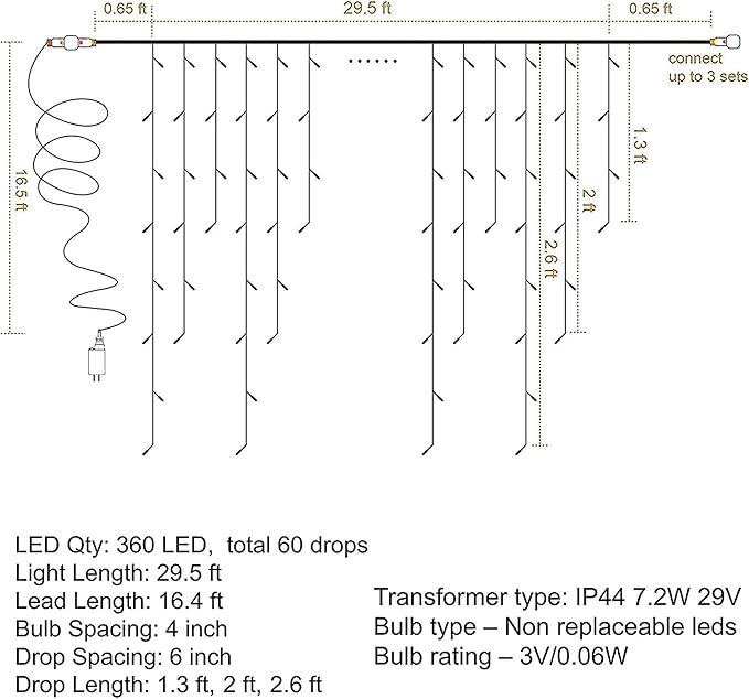 Dazzle Bright 360 LED Christmas Icicle Lights, 29.5 FT 8 Modes Curtain Fairy Lights with 60 Drops, Connectable Xmas String Lights for Outside Holiday Wedding Party Decorations (Warm White)