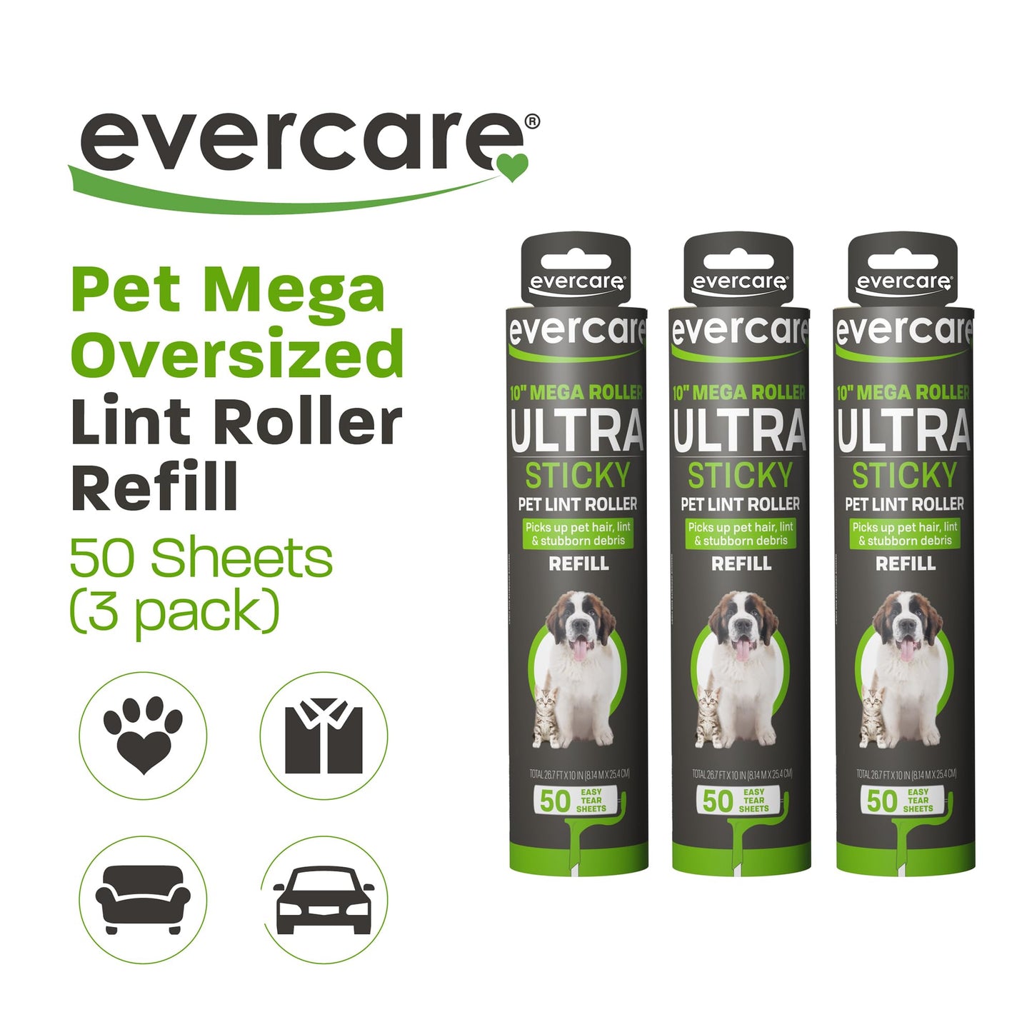 Evercare 10” Mega All-Purpose Pet Hair Lint Roller Refills, 3 Pack, 50 Sheets Each – Sticky Roller for Pet Hair, Cat & Dog Hair Remover, Lint Remover, Pet Hair Remover for Furniture, Clothing & Cars