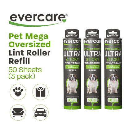 Evercare 10” Mega All-Purpose Pet Hair Lint Roller Refills, 3 Pack, 50 Sheets Each – Sticky Roller for Pet Hair, Cat & Dog Hair Remover, Lint Remover, Pet Hair Remover for Furniture, Clothing & Cars