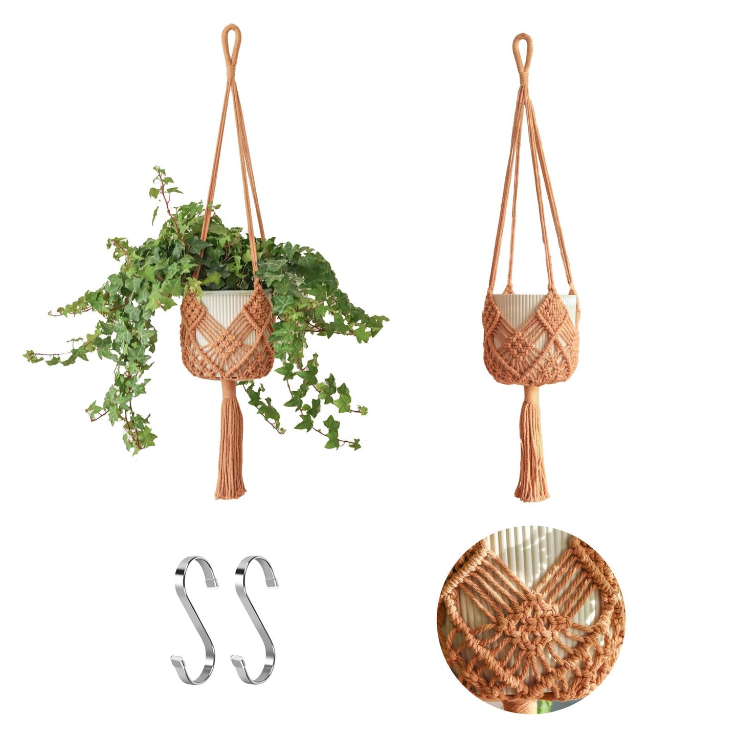Hanging Planter with Patterns,2Packs Macrame Plant Hangers Indoor Macrame for up to 8 inch Pot Crochet Boho Plant Hanger Holder for Indoor Outdoor with 2S Shaped Stainless Steel Hooks (Caramel)