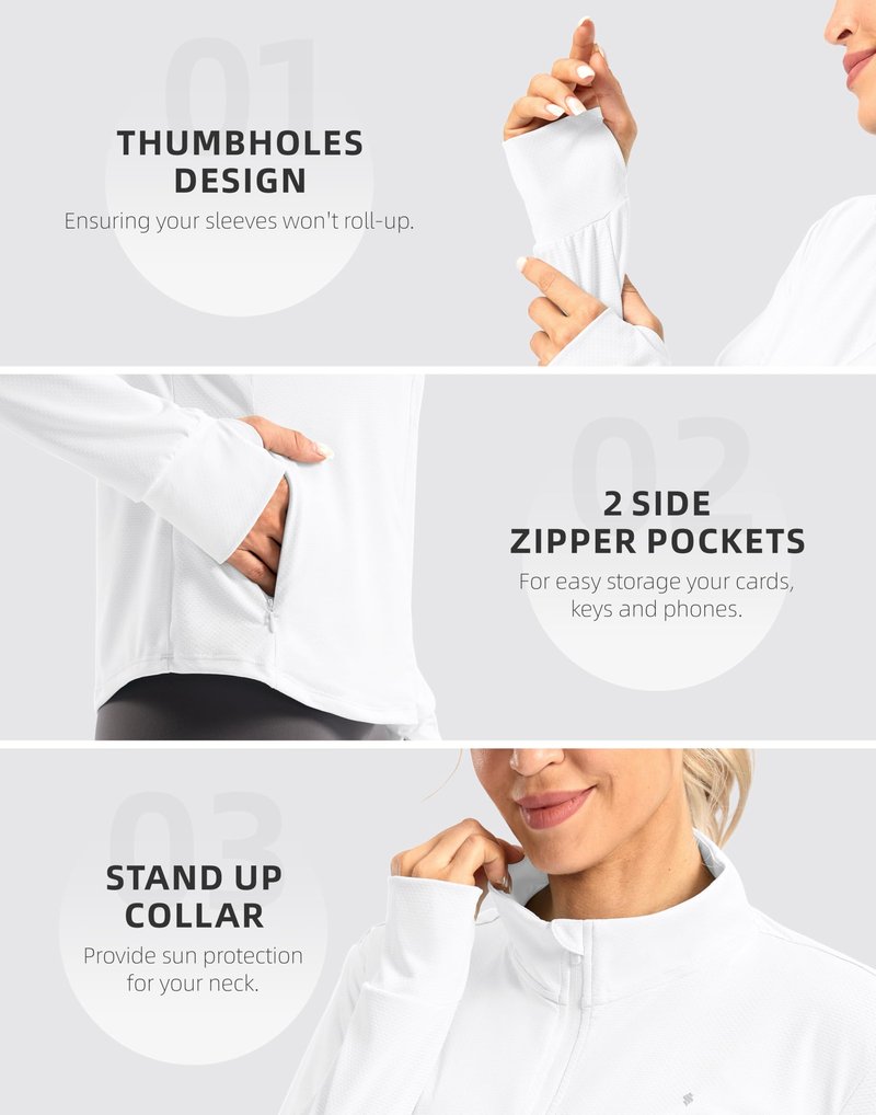 Soothfeel Women's UPF 50+ Lightweight Athletic Jackets Sun Protection Zip Up Long Sleeve Shirts Hiking Workout Outdoor Pocket, White, XS