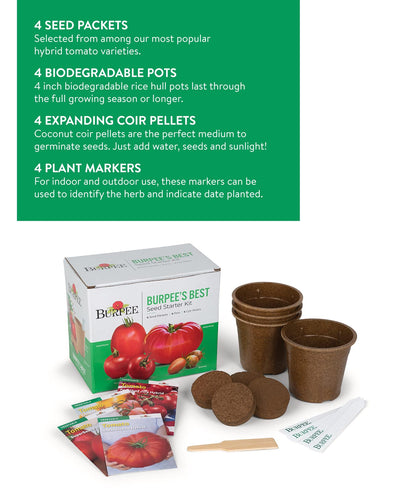 Burpee Best Starter Kit, SuperSauce, Fourth of July, Shimmer & Steakhouse, 4 Tomato Seed Packets, 4 Pots, 4 Coir Pellets & 4 Plant Markers