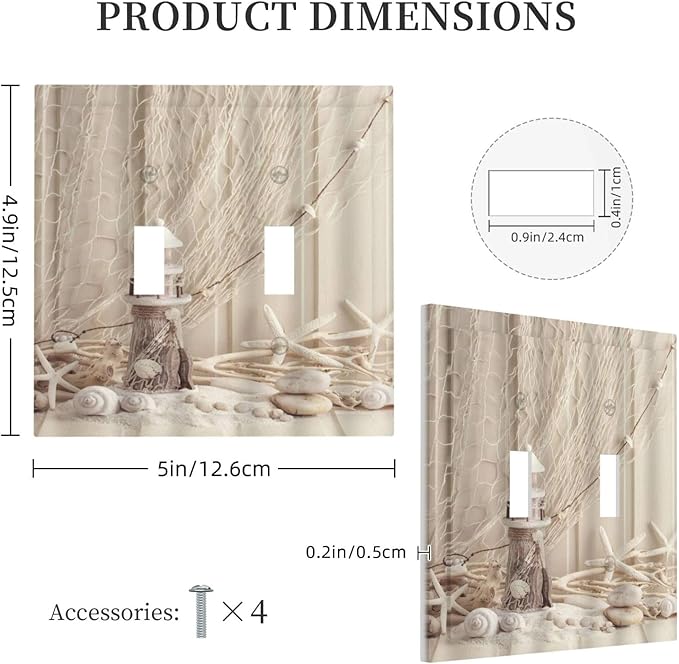 Nautical Coastal 2 Gang Light Switch Plate Cover Seashell Fishing Net Ocean Lighthouse Starfish Double Toggle Wall Plate Decorative Switchplate Electrical Faceplate Beach Theme Decor
