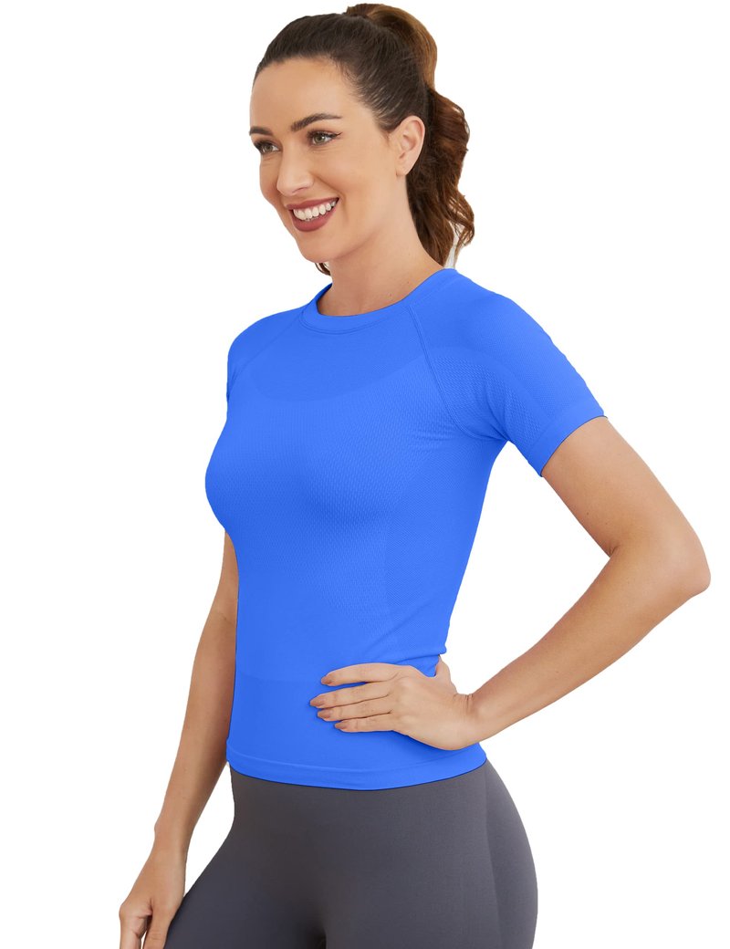 MathCat Short Sleeve Workout Tops for Women, Seamless Women's Compression Shirt, Yoga Running Athletic Shirts Soft Gym Tops Lakeblue
