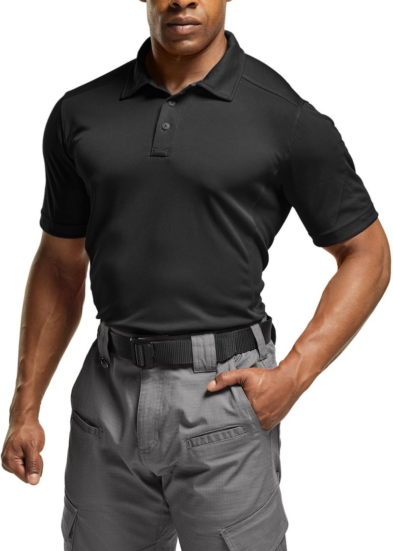 CQR Men's Quick Dry Tactical Polo Shirt, Lightweight Breathable Performance Polo, Short Sleeve UPF 50+ Outdoor Golf Shirt, Frost Essential Black, X-Large