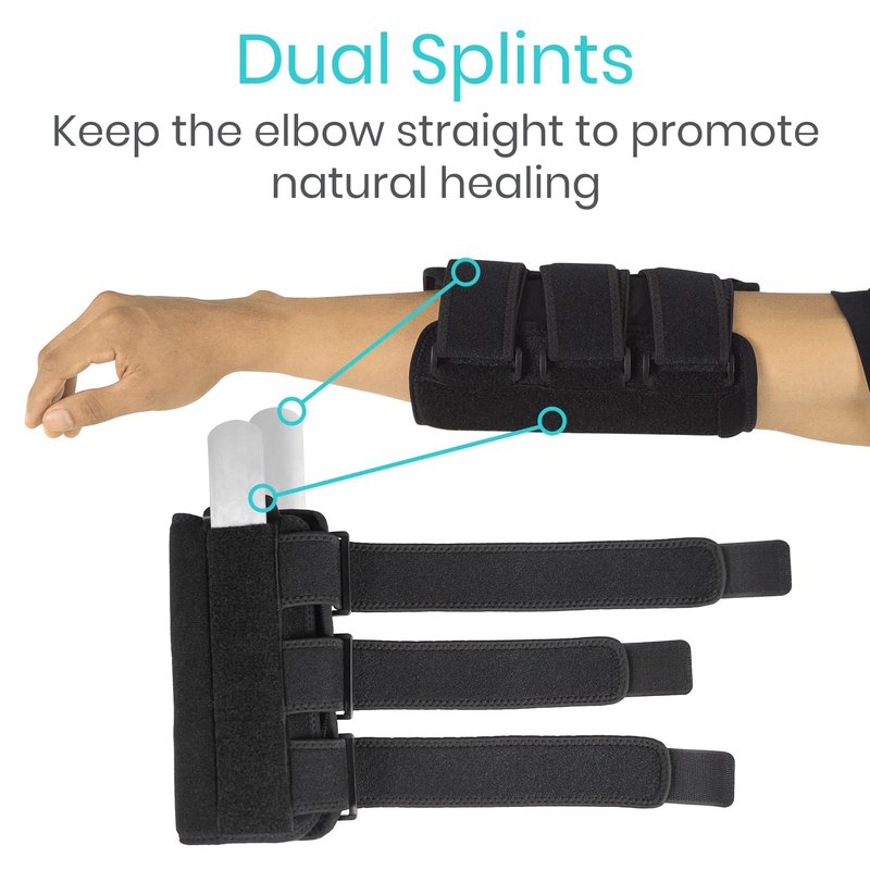 Vive Elbow Splint Brace for Tendonitis, Cubital Tunnel, Sleep Support, Tennis Elbow - 2 Removeable Splints That Stabilize Joint for Pain Relief - Arm Compression Sleeve Immobilizer for Men and Women