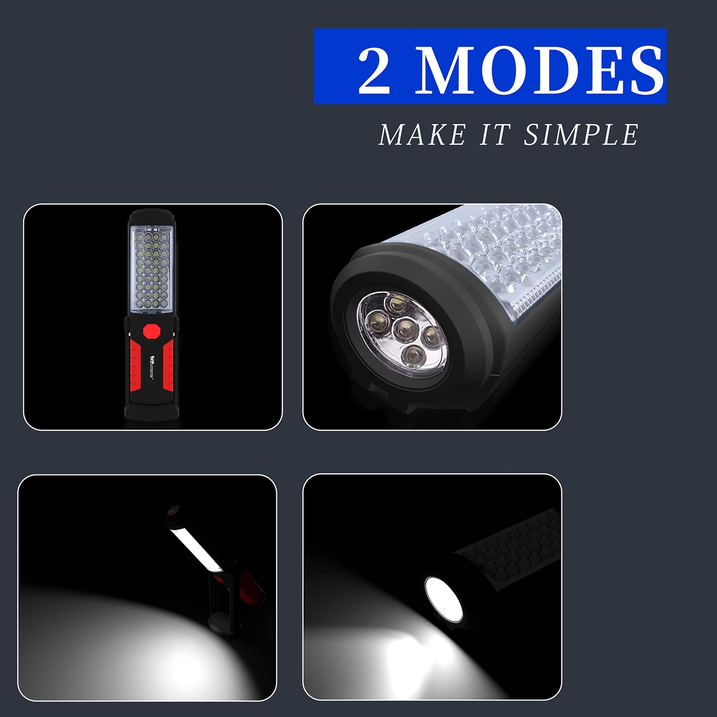 Wolfteeth LED Torches, 36+5 Magnetic Work Light Portable Flashlight Inspection Lamp Camping Light, 360 Degree Hanging Rotary Hook and 270 Degree Magnet Stand Base for Home Work Emergency Use 7192