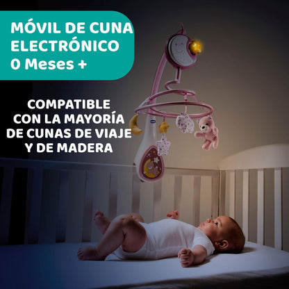 Chicco Next2Dreams Baby Mobile with Music Box for Cot and Bed - 3 in 1 Baby Mobile Compatible with Next2Me Cot, with Sound Effects, Soft Night Light Projector and Classical Music - 0+ Months, Pink