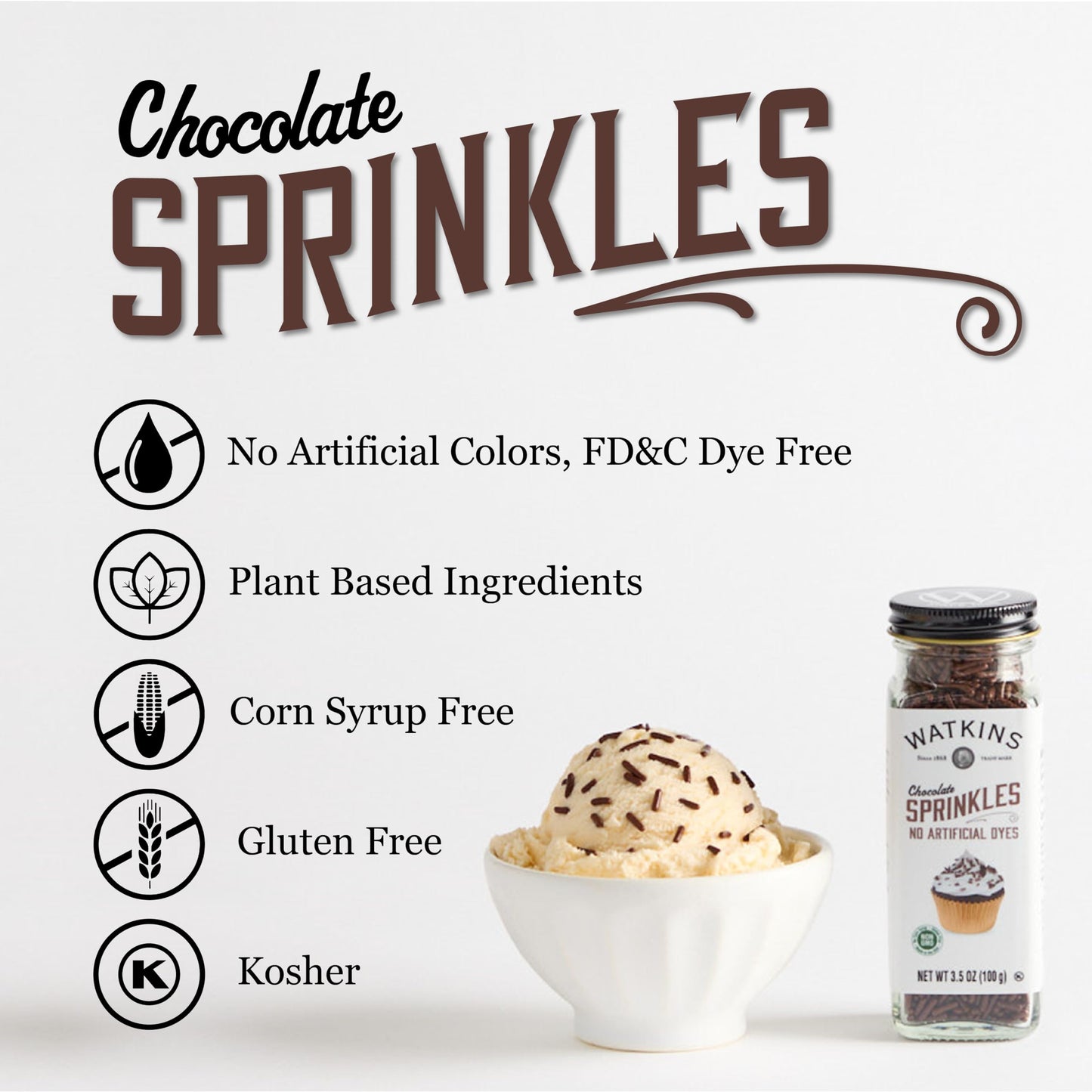 Watkins Chocolate Decorating Sprinkles, No Artificial Dyes, Kosher, 3.5 Ounce, 1-Pack