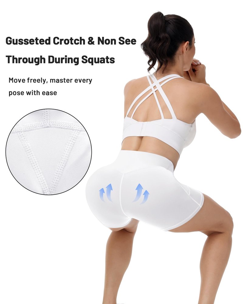 Runhit Yoga Shorts with Pockets for Women - 5'' White High Waisted Biker Workout Gym Athletic Compression Spandex Tummy Control Shorts