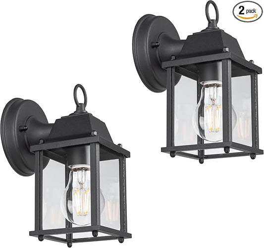 LIT-PaTH Outdoor Wall Lantern, Wall Sconce as Porch Lighting Fixture, E26 Base, Aluminum Housing Plus Glass, Water-Proof and Outdoor Rated, ETL Qualified, 2-Pack, Black