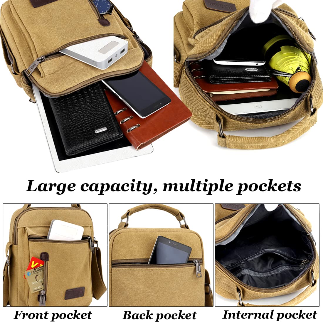 A-QMZL Mens Shoulder Bag Canvas Messenger Bags Travel Crossbody Bag Large Capacity Casual Handbag with Multiple Pockets for Working Shopping Hiking Daily Use (Brown)