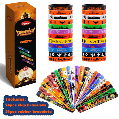 VKTEN 48Pcs Halloween Party Favors Halloween Slap Bracelets Rubber Wristbands Assorted Gifts for Kids - Trick or Treat Toys, Halloween Bag Stuffers Goody Bag Fillers Classroom Prizes