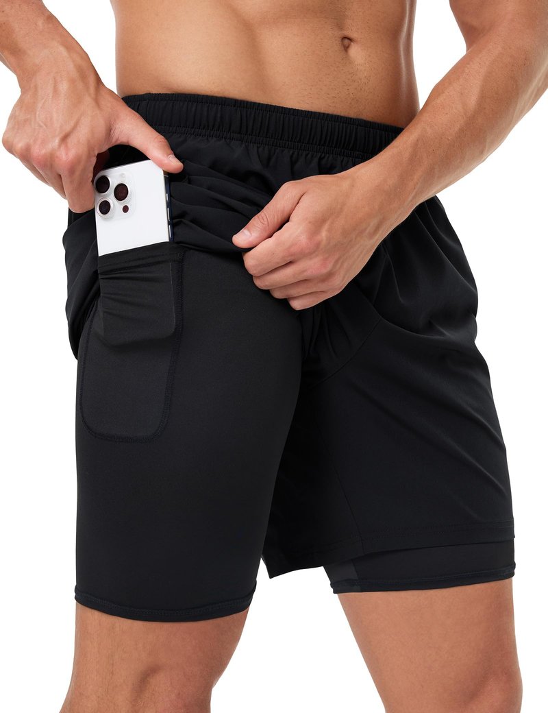 Naarts Men's 2 in 1 Athletic Running Shorts Quick Dry 5 Inch Lightweight Workout Gym Shorts with Liner and Pockets Black,Large