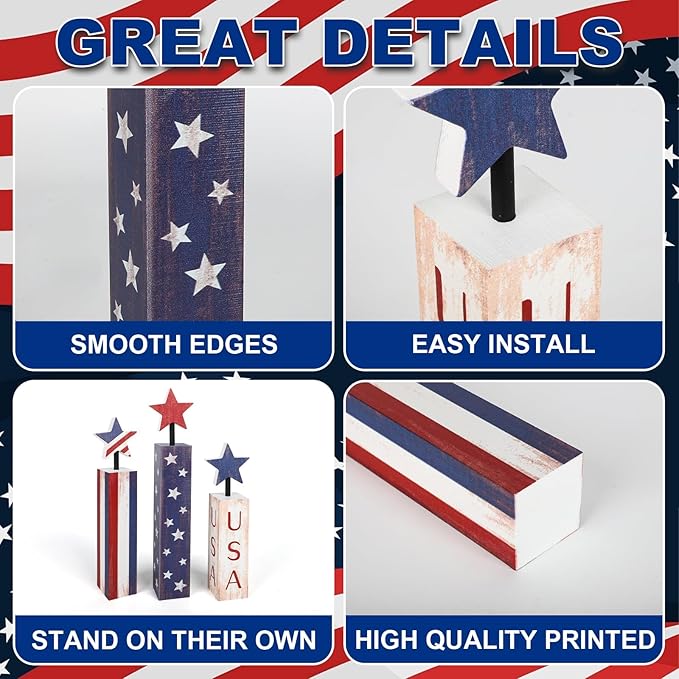 COCHIE 4th of July Decorations Set, Red White Blue Decor, Wooden Patriotic Memorial Day Tiered Tray Decor, Labor Day Decorations, Fourth of July Decoration for Home Office Table (Flag Retro)