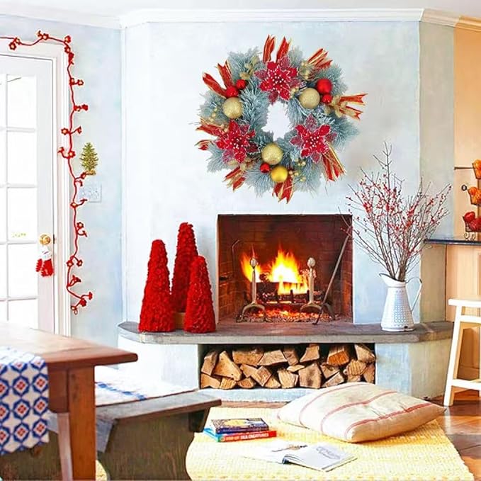 20 Inch Christmas Wreath for Front Door, Artificial Golden Glitter Wreath with Red Poinsettia Flowers Balls Ornaments for Door Wall Window Fireplace Party Decor