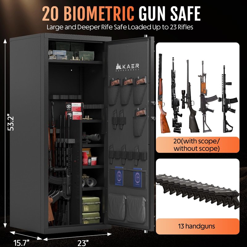 KAER Large Biometric Gun Safe for Rifles and Pistols,Storage 20-25 Firearms (with/Without Scopes),Gun Cabinet with Adjustable Storage/Pistol Pouches Rifle Safe for Home Defense,Hunting,Shooting,AR-15