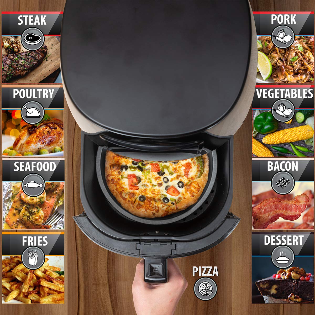 Deco Chef 5.8QT (19.3 Cup) Digital Electric Air Fryer with Accessories and Cookbook- Air Frying, Roasting, Baking, Crisping, and Reheating for Healthier and Faster Cooking (Black)