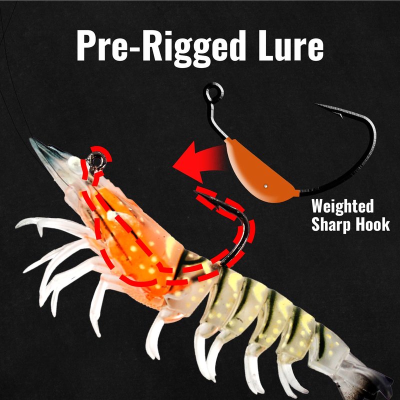 CASTSTRIKE 3Pcs Shrimp Fishing Lures for Saltwater and Freshwater Soft Bait Pre-Rigged Glow Eyes Lifelike Silicone Prawn Jig for Bass Trout Redfish Flounder Crappie Snook Walleye Fishing (3.5 in 3pcs)