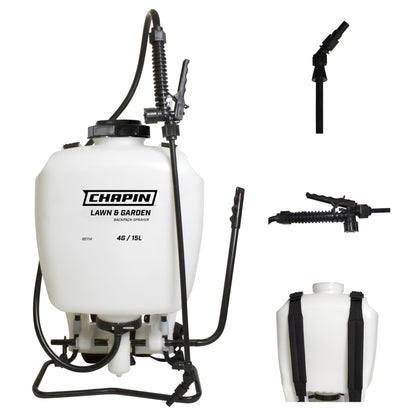 Chapin 60114 Made in USA 4-Gallon Backpack Sprayer with 3-Stage Filtration System Pump Pressured Sprayer, for Spraying Plants, Garden Watering, Lawns, Weeds and Pests, Translucent White