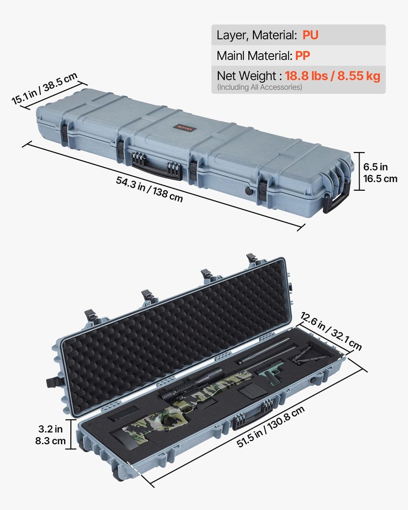 VEVOR Rifle Case, Rifle Hard Case with 4 Layers Fully-protective Foams, 50 inch Lockable Gun Storage with Wheels, IP67 Waterproof & Dustproof, for Rifle, Shotgun, Airsoft Gun, Grey