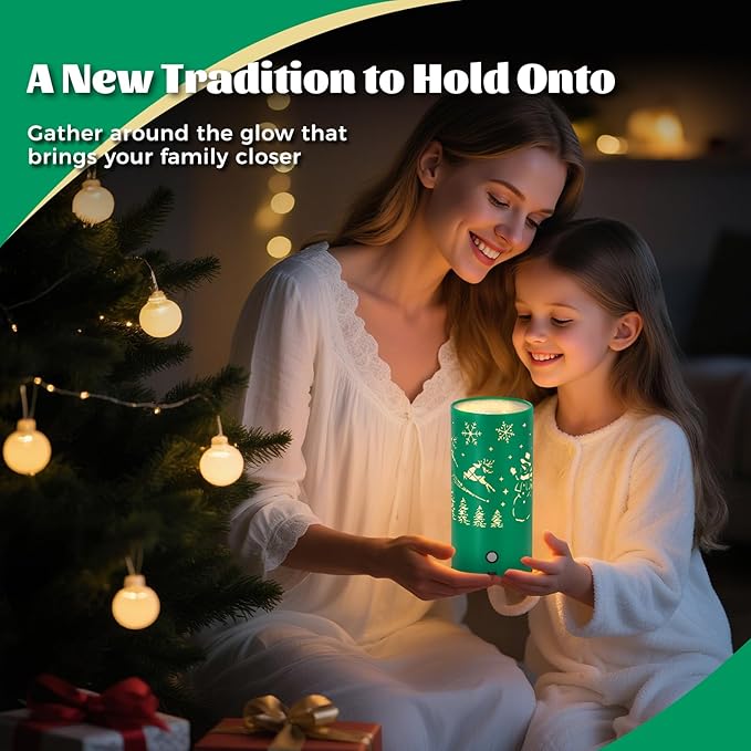 Christmas Table Lamp with Hollow-Out Design - Rechargeable Touch Control Dual Color LED, Warm/Cool White Metal Decor for Home Desk Party, 1200mAh Battery - 2pack(Greed)