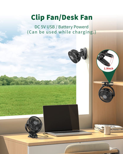 Dorobeen Portable Clip on Fan, Battery Powered, 3 Speed Quiet Rechargeable Mini Desk Fans, 360° Rotate for Home Office Stroller Camping Golf Cart (BLDC Motor)