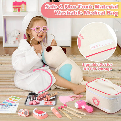 Tigerhu 32pcs Doctors Set for Kids, Kids Doctor Sets Wooden Dentist Tool Kit with Stethoscope, Doctor Roleplay Costume Dress-Up, Gifts for 3 4 5 6 Years Old Girls