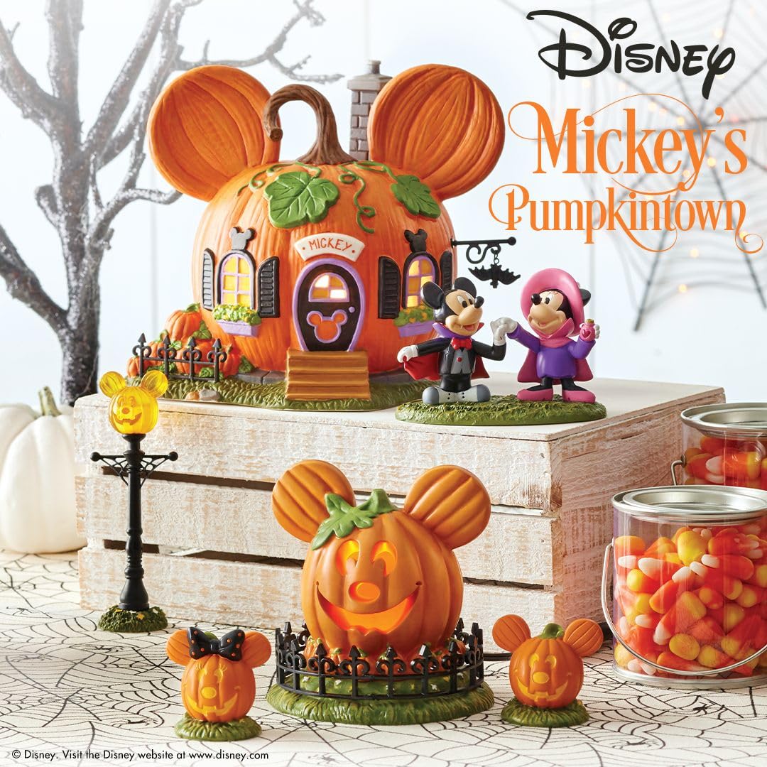 Department 56 Disney Village Halloween Accessories Pumpkintown Mickey Mouse Street Lights Lit Figurine Set, 4.625 Inch, Multicolor