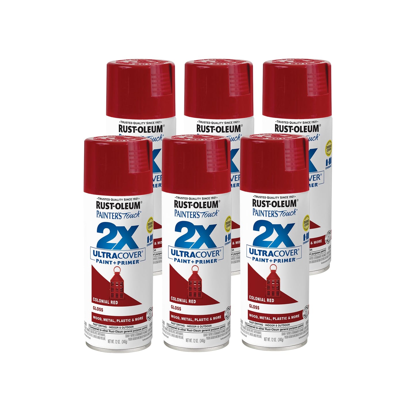Rust-Oleum 334030-6PK Painter's Touch 2X Ultra Cover Spray Paint, 12 oz, Gloss Colonial Red, 6 Pack