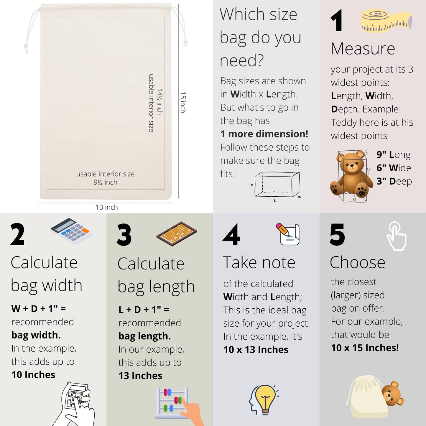 DR 100 Percent Cotton 10x15 Muslin Drawstring Bags for Clothes Storage Pantry (10 x 15 inch - 12 pack, Beige)