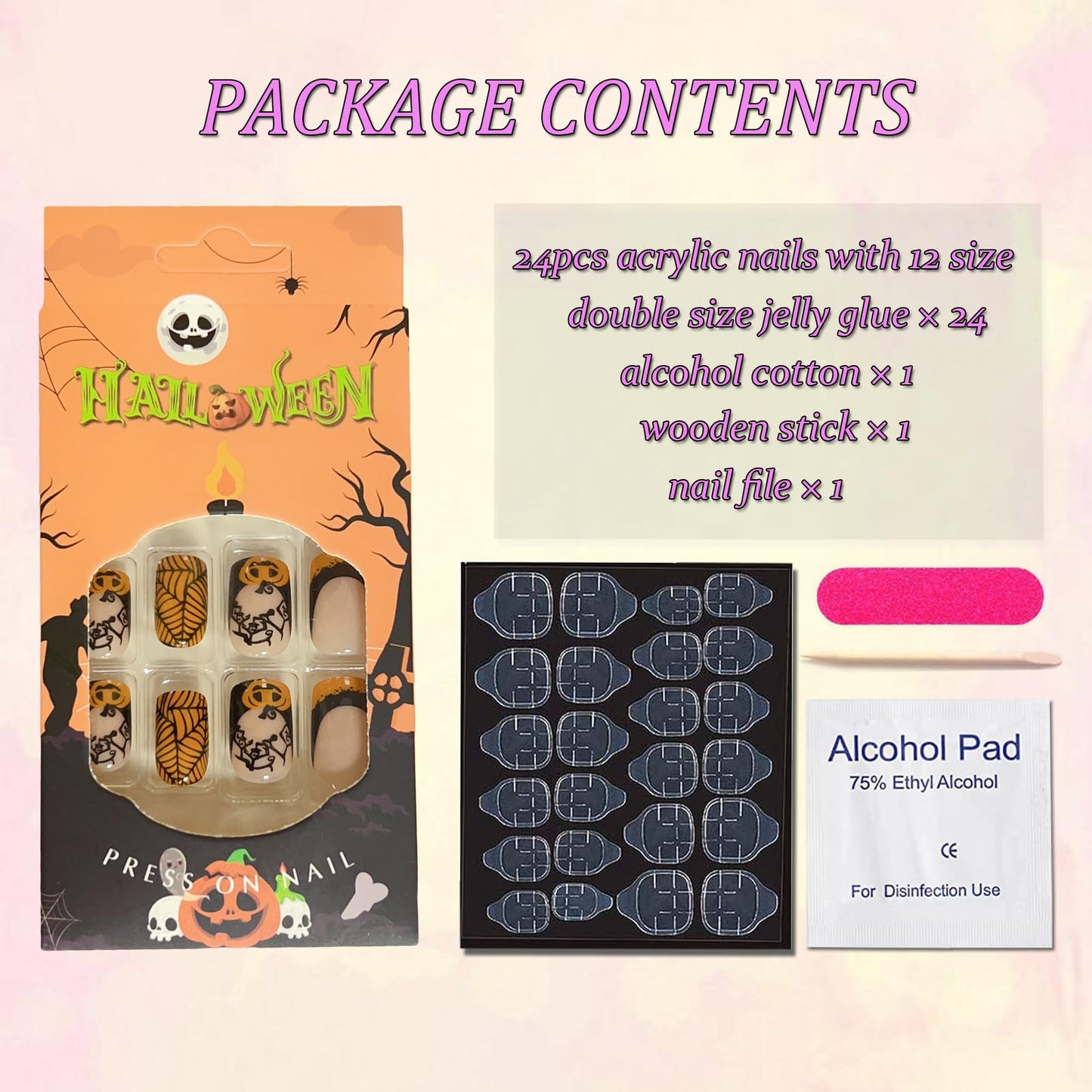 OHWODA Halloween Medium Fake Nails Square Press on Nails Black Spider Web Glue on Nails Halloween Pumpkin Nails Press ons Orange French Halloween Press on Nails for Women DIY Manicure Decorations