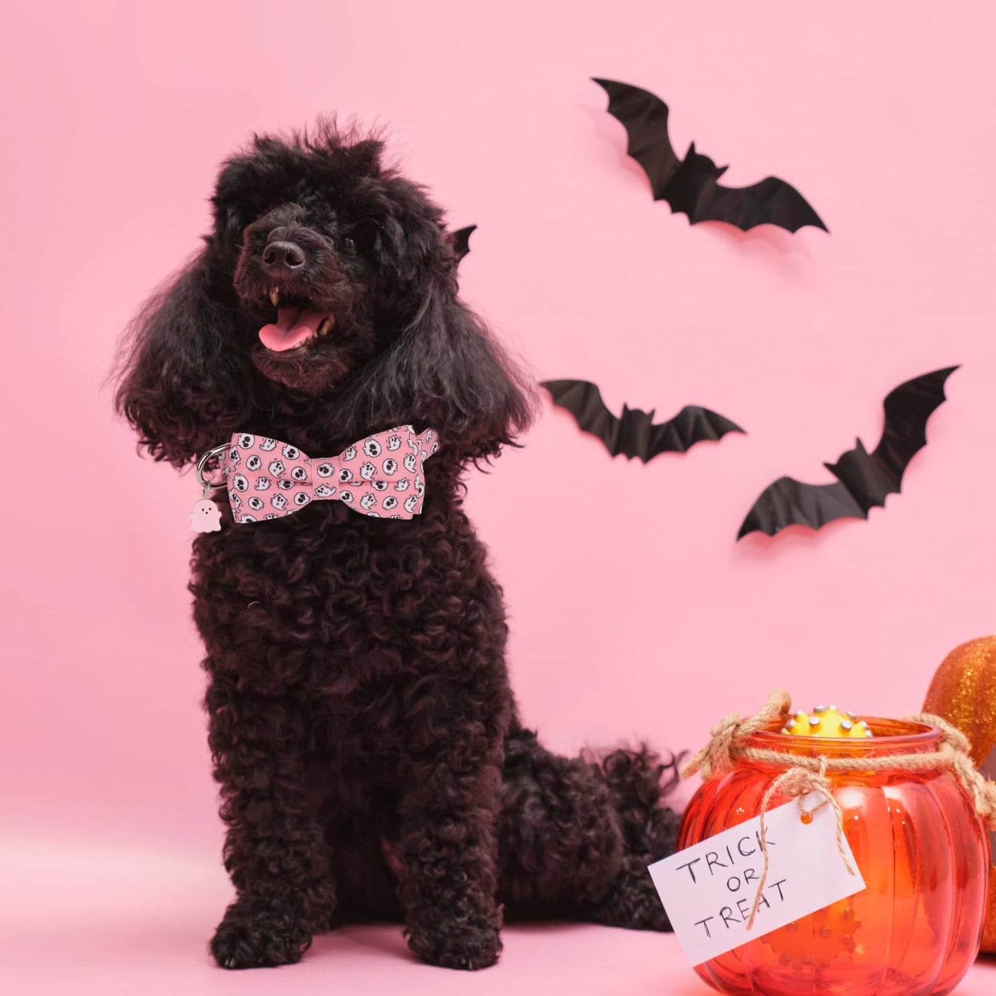 ADOGGYGO Halloween Dog Collar with Bowtie, Pink Ghost Pet Collars with Detachable Bow, Adjustable Pink Halloween Collars for Small Medium Large Dogs (Small)