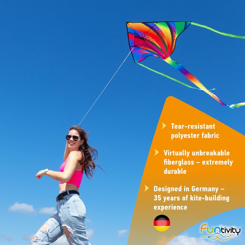 Funtivity Children's Kite Simple Flyer Rainbow Fountain - Ready-to-Fly Single Line with Rainbow Tail - Includes Handle & Cord - Kite from 5 Years - Lightweight Flight Kite for Garden, Park & Beach