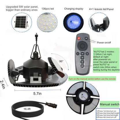 HULPPRE Solar Shed Light-Daytime or Night,4+1 Leaves 136Leds Brighter Solar Light Indoor&Outdoor with Remote,IP65 Barn/Chicken Coop/Workshop/Ceiling/Pendant Lamp for Patio,Garden,Yard,Gazebo