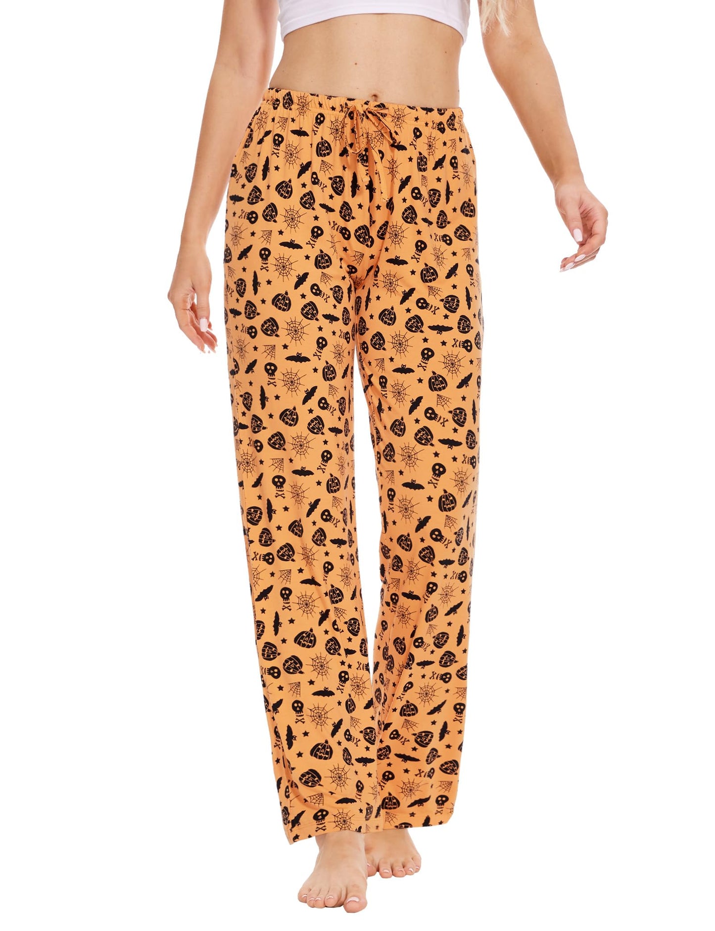 GYS Halloween Soft Viscose Pajama Pants for Women, Comfy Lounge Sleep Pants Pj Bottoms Drawstring Sleepwear, Orange Halloween, Medium