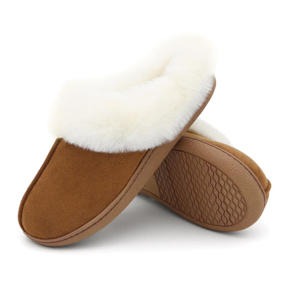 Jerzmy Fuzzy Slippers for Women, Memory Foam Cushion Womens House Slippers Suede Fluffy Faux Fur Lining Comfy Home Shoes for Indoor Outdoor Bedroom Garden Winter Brown Size 7