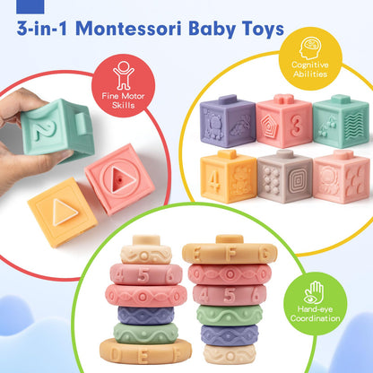 Baby Sensory Teething Toys Set, Montessori Baby Toys 6-12 Months, Incl Newborn Rattle Teether & Baby Blocks & Soft Stacking Rings, Ideal Babies Boy Girl Gifts, Infant Toys 0-3-6-9-12-18 Month