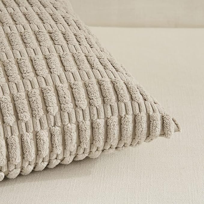 Fancy Homi Taupe Lumbar Decorative Throw Pillow Covers 12x24 Inch for Living Room Couch Bed Sofa, Rustic Farmhouse Boho Home Decor, Soft Striped Corduroy Rectangle Cushion Case 30x60 cm