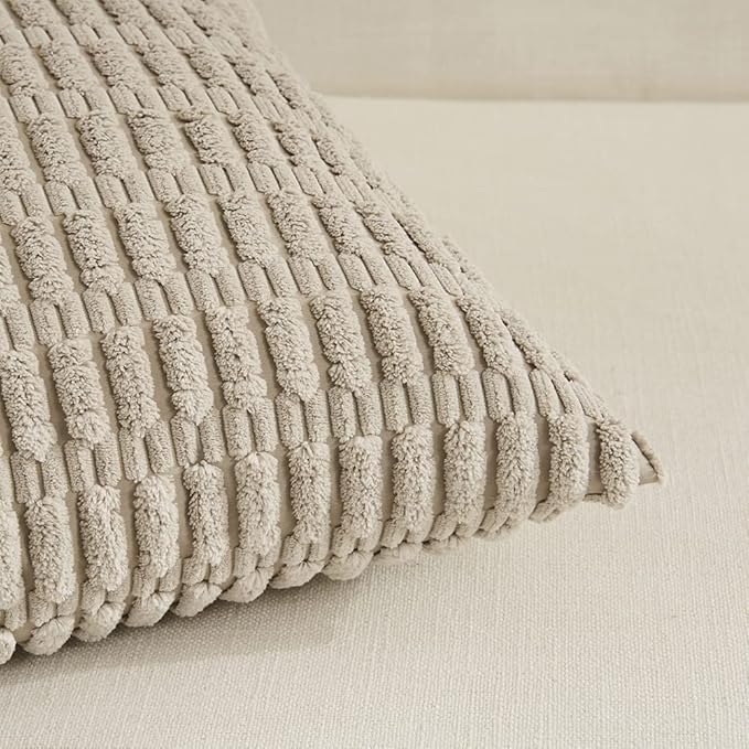 Fancy Homi Taupe Lumbar Decorative Throw Pillow Covers 12x20 Inch for Living Room Couch Bed Sofa, Rustic Farmhouse Boho Home Decor, Soft Striped Corduroy Rectangle Cushion Case 30x50 cm