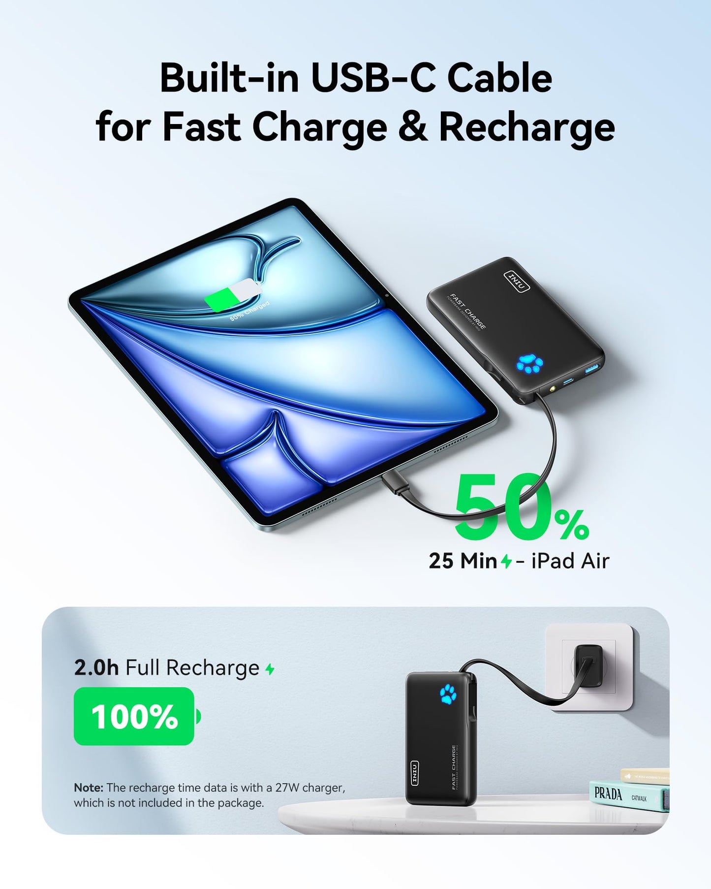 INIU 45W Portable Charger, 10000mAh Built-in USB C Cable Fast Charging Power Bank, Small Type C Battery Pack, Powerbank for iPhone 17 16 15 14, iPad, Samsung S25 S24 etc. Travel Camping Essentials