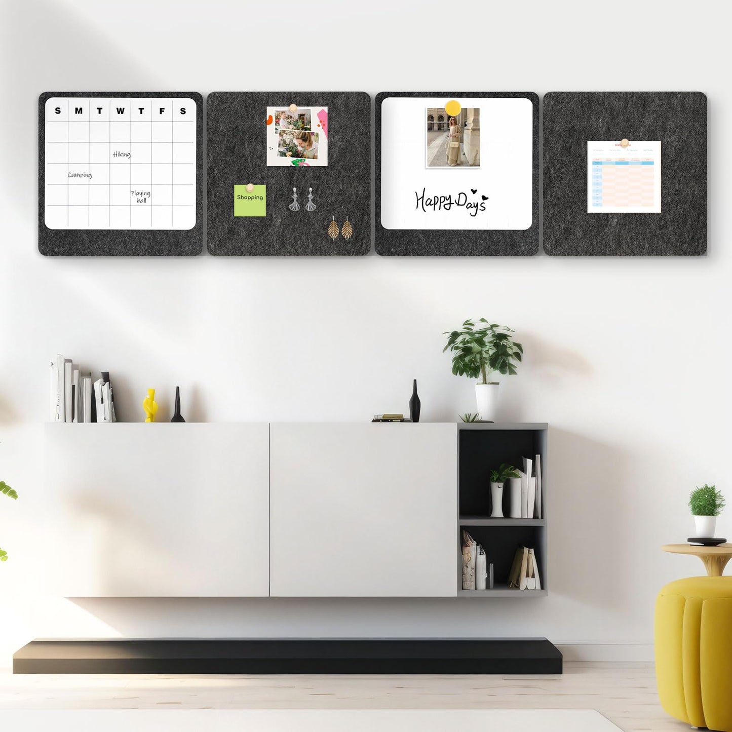 DOLLAR BOSS Felt Bulletin Board & Magnetic Whiteboard Calendar Combo 4 Pcs 12" X 12" Cork Board Dry Erase Board for Wall Frameless Combination Board with Pins Wall Decor for Home School Office