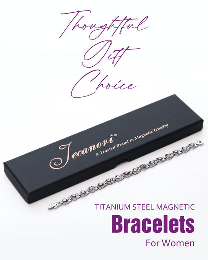 Jecanori Magnetic Bracelet for Women - Titanium Steel Wristband with Sparkling Heart-shaped Cubic Zirconia, Women's Bracelet with Removal Tool & Gift Box, Purple