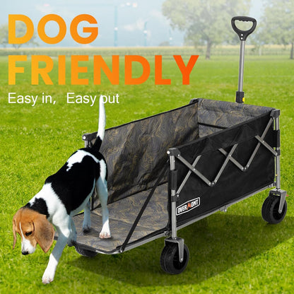 Overmont 300L Folding Festival Trolley Cart - All-terrain Extra Wide Wheels and Brake - Heavy Duty Cart Load up 150KG - with Adjustable Handle & Cover Bag - Wagon for Beach Camping Garden, Black