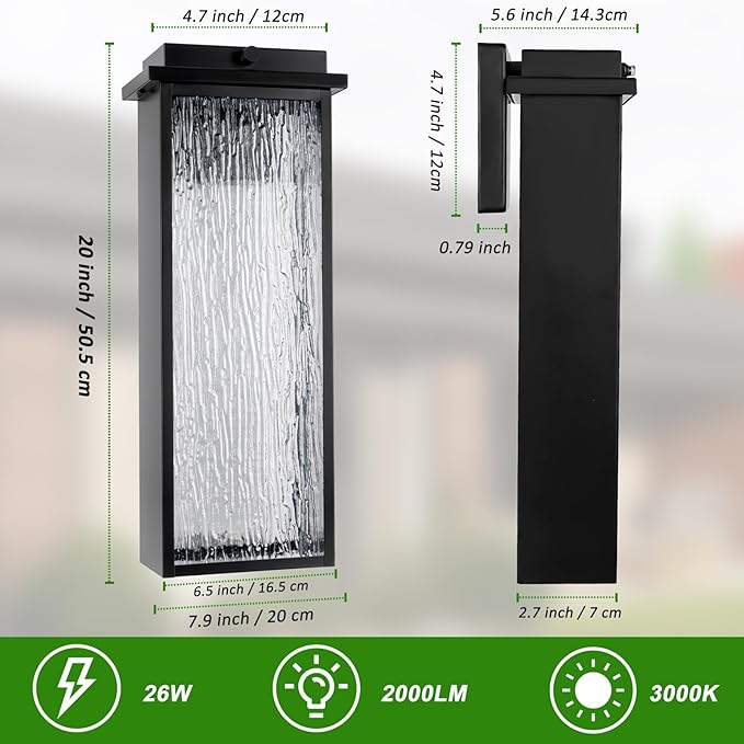 20" Extra Large Dusk to Dawn LED Outdoor Light 2 Packs, Black Modern Exterior Lighting Fixtures, Outside Porch Lights Wall Mount, Mid-Century Wall Lantern with Rippled Glass Patio Sconce Lamp