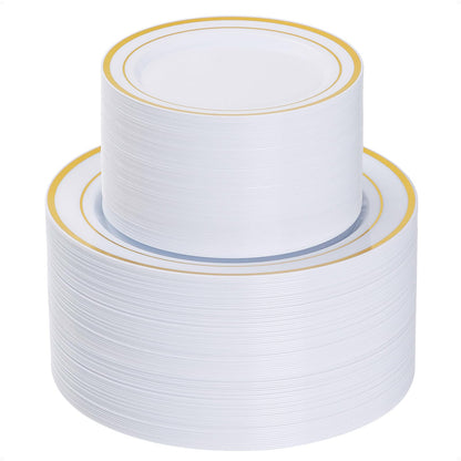 Goodluck 200PCS Gold Plastic Plates, Heavy Duty Disposable Gold Plates with 100 10.25 inch Dinner Plates and 100 7.5 inch Dessert Plates, Disposable Plates for Party, Holiday, Wedding, Thanksgiving
