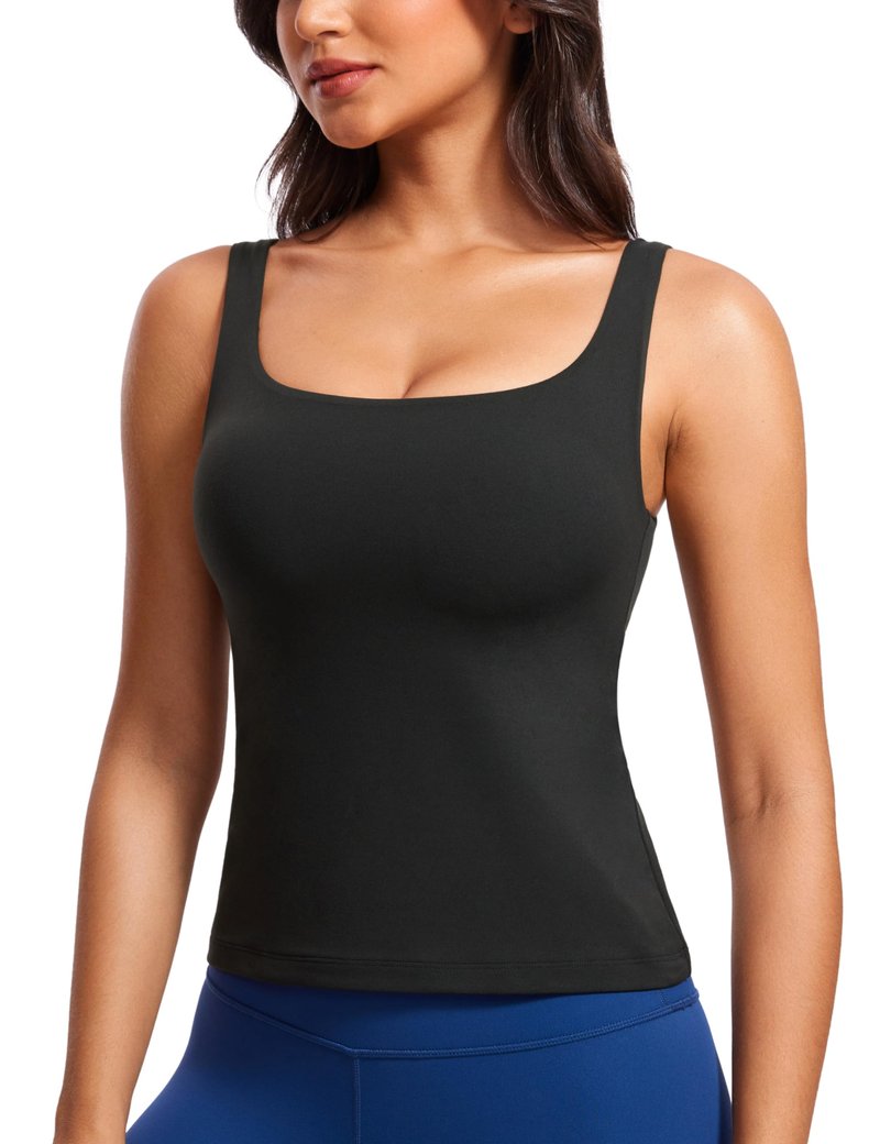 CRZ YOGA Butterluxe U Neck Tank Tops for Women - Padded Athletic Workout Camisole Crop Tops with Built in Bra Black Small
