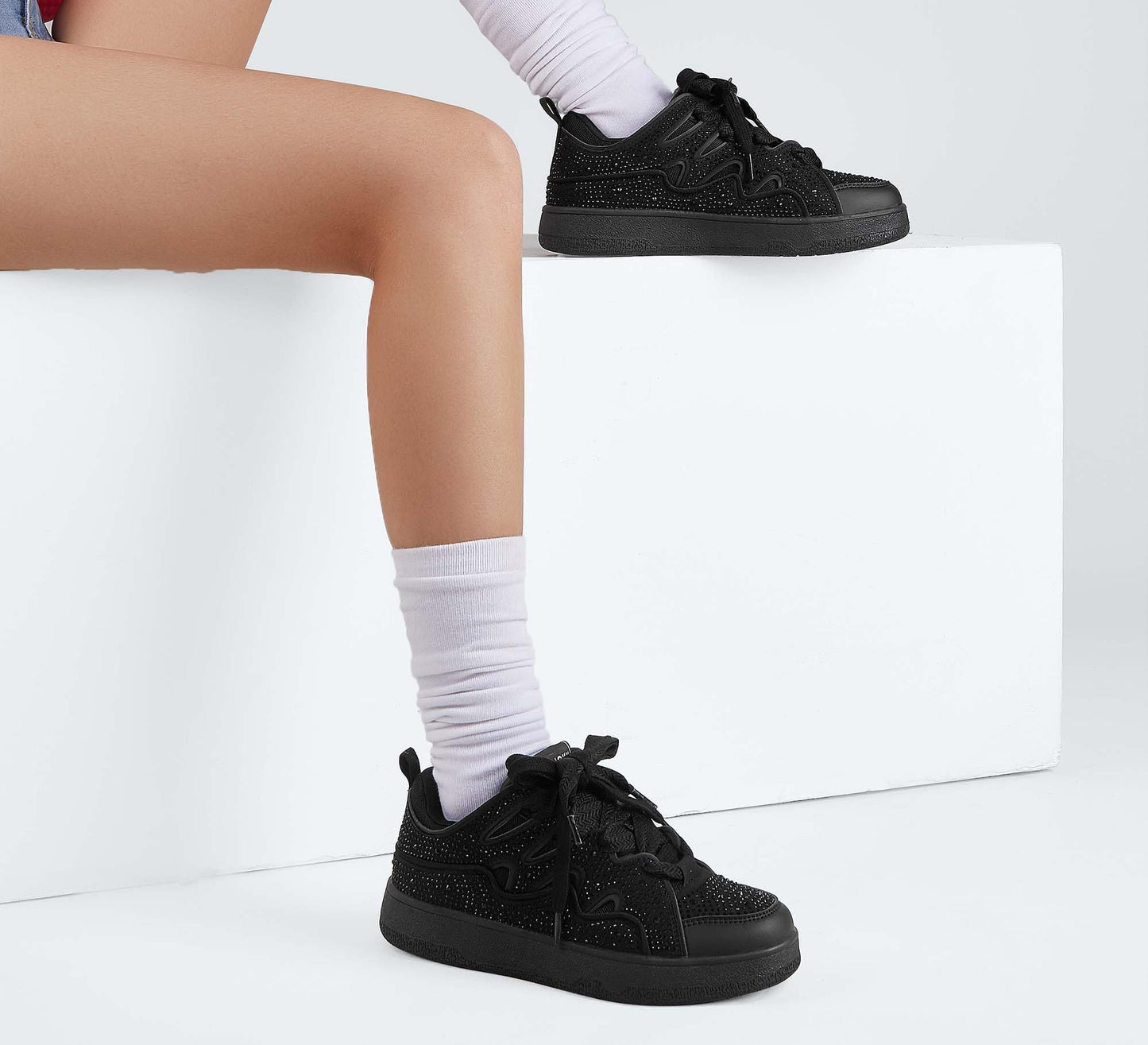 LUCKY STEP Women's Sparkle Rhinestone Fashion Sneakers Walking Tennis Bling Glitter Roaring Shoes Platform Lace up Casual Mesh Sneaker(Black Rhinestone,7)
